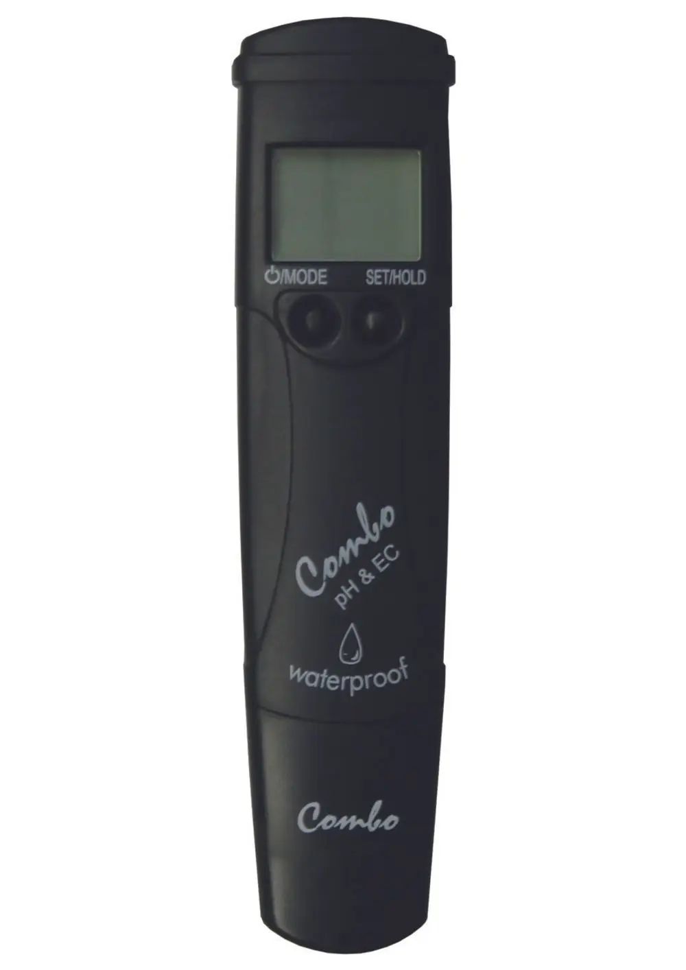 Schwarzer Tester von Judo mit Display, zur Messung von pH-Wert und Leitfähigkeit. Enthält Tasten für Modus- und Haltefunktionen. Wasserfestes Design.